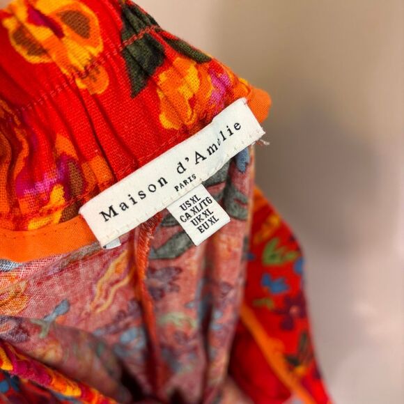 Maison d’ Amelie Orange with Blue Floral Wide Leg Ankle Pants Size XL - Picture 8 of 8
